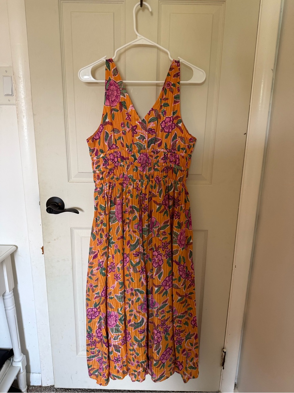 Caroline Constas Mustard Yellow Floral Midi Dress with Pink Blooms - Picture 3 of 6